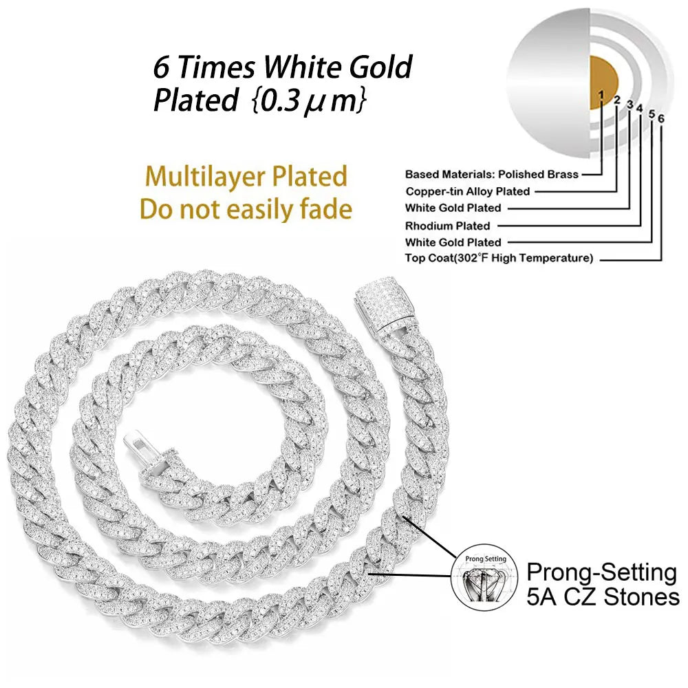 Iced Out Cuban Chain – White Gold, Double Row 5A+ CZ Stones